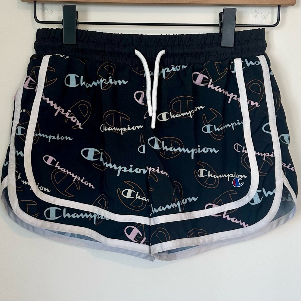 Champion Black Athletic Shorts with Multicolor Logo - Girls 10/12